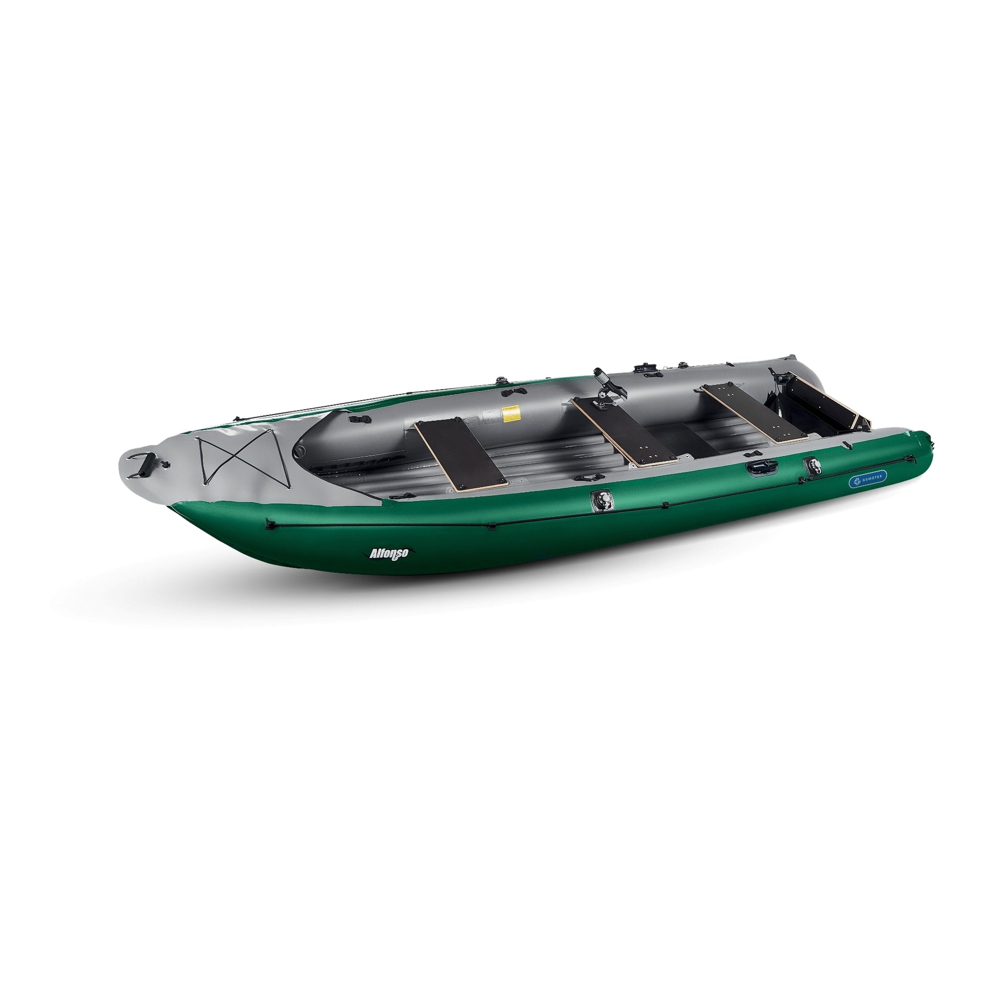 dunkelgrünes ALFONSO Gumotex-Schlauchboot mit drei SItzbrettern und Motorspiegel