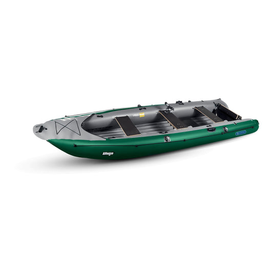 dunkelgrünes ALFONSO Gumotex-Schlauchboot mit drei SItzbrettern und Motorspiegel