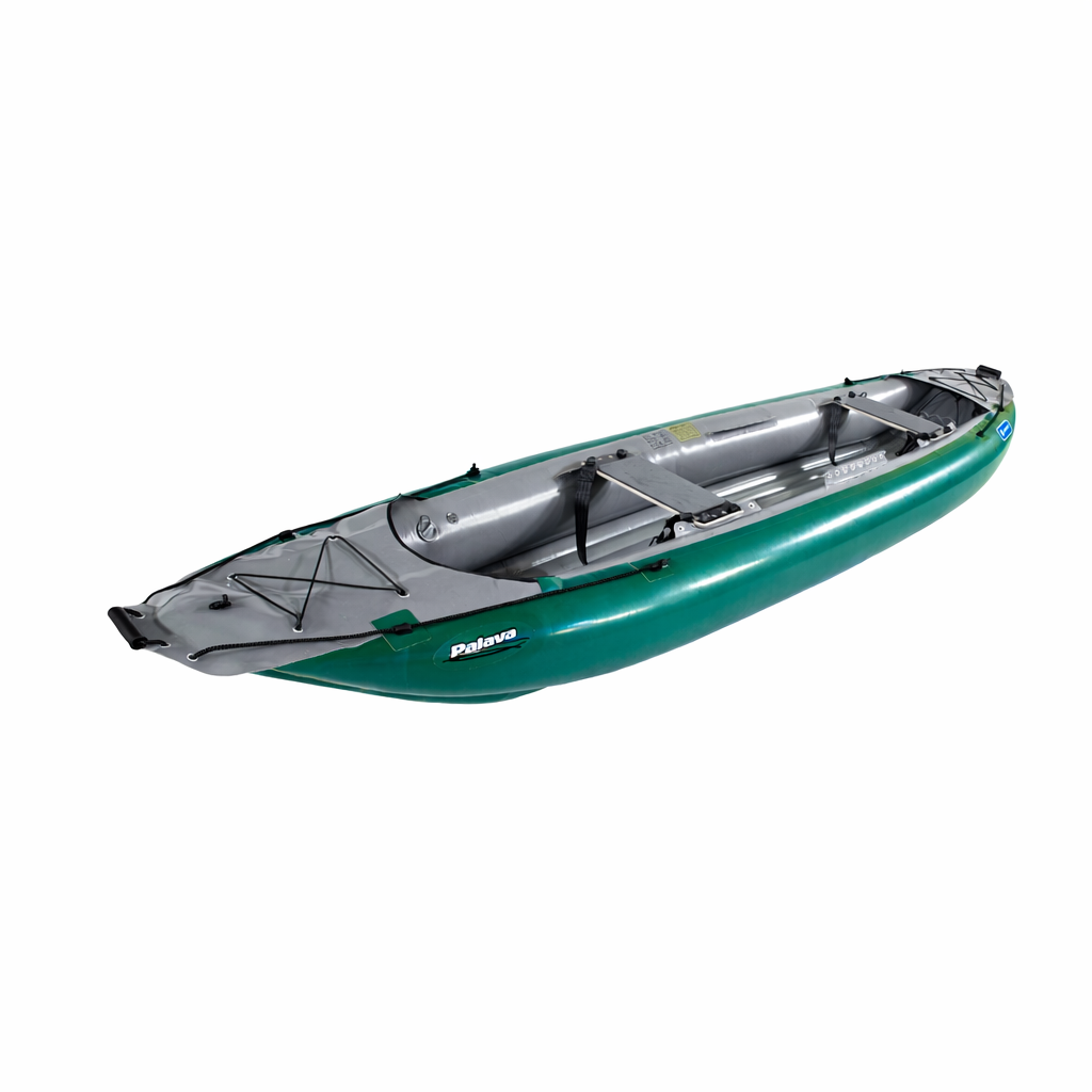 dunkelgrünes PALAVA Gumotex-Schlauchboot mit zwei SItzbrettern