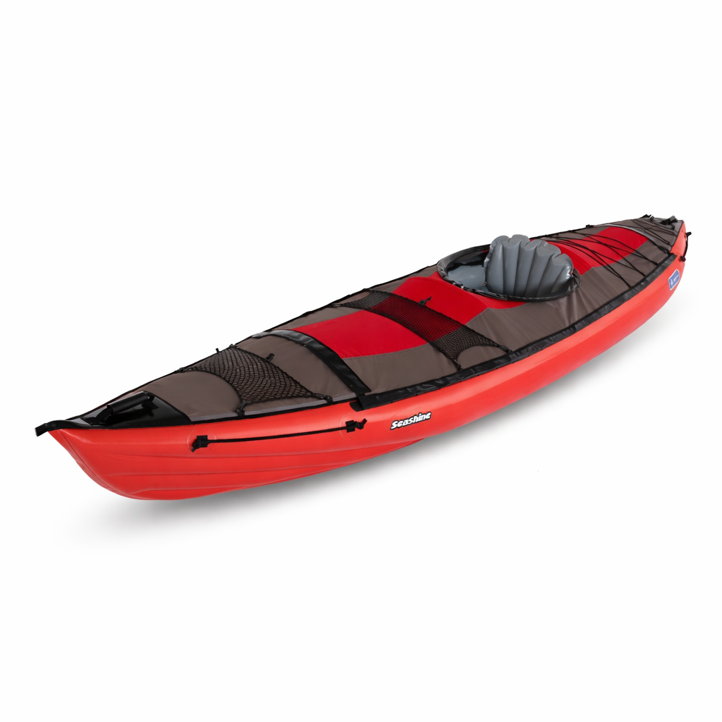 rotes SEASHINE Gumotex-Schlauchboot mit einem Sitz und Spritzverdeck